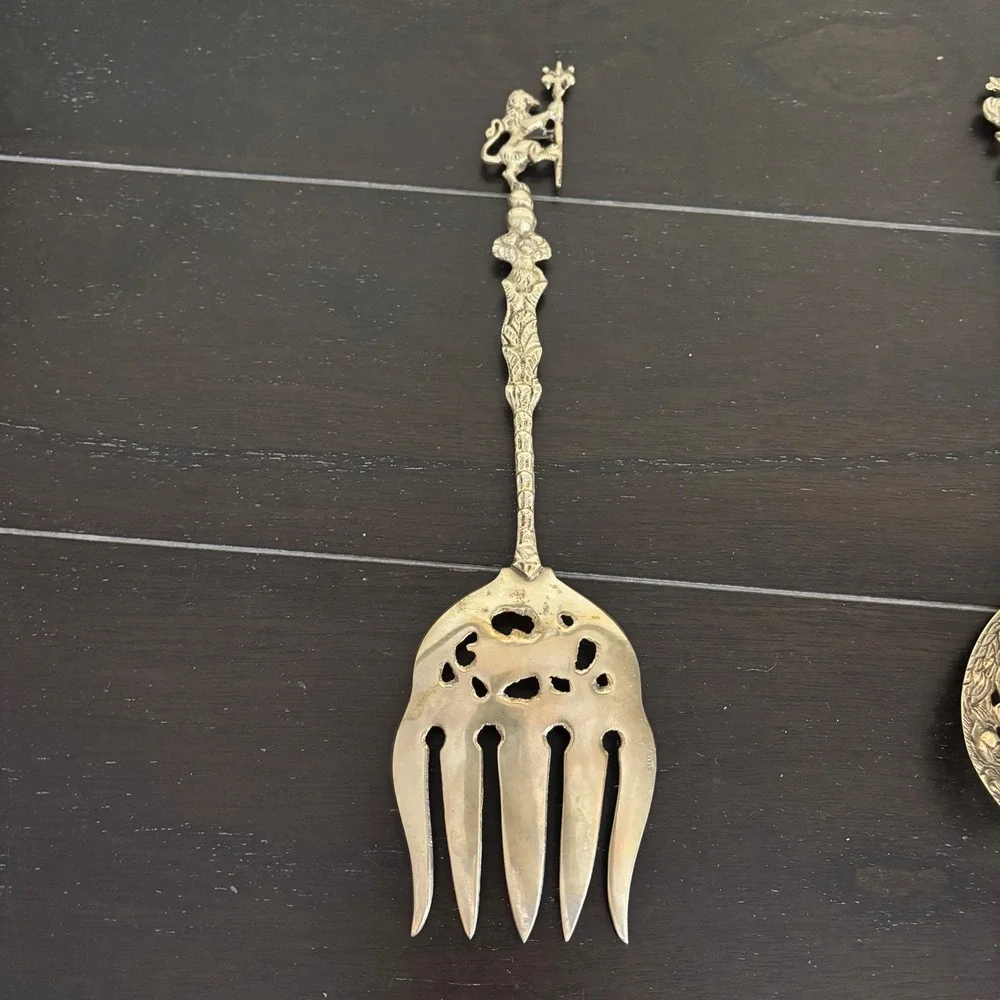 Vintage Italian Brass Salad Serving Set | Cherub Lion Fleur-de-Lis Ornate |‎ 2pc